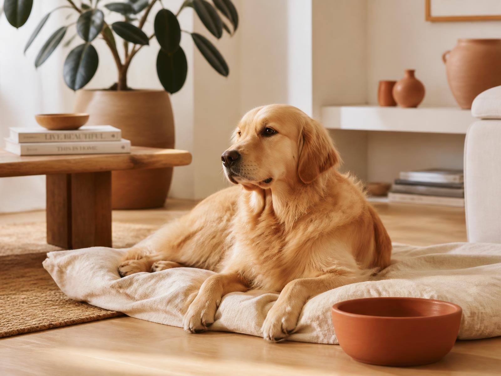 Hond ontspannen op een linnen kussen in een warm, rustig interieur